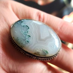 New Huge Moss Agate 925 Silver Statement Ring.